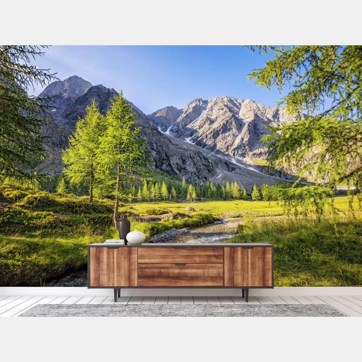 Carta da parati paesaggio alpino con torrente e larici • Wallissimo® Carta da parati paesaggio alpino con torrente e larici • Wallissimo®