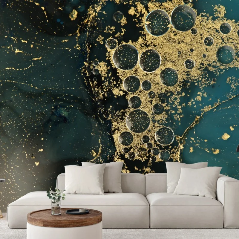 Carta da parati oro liquido su blu petrolio, texture astratta