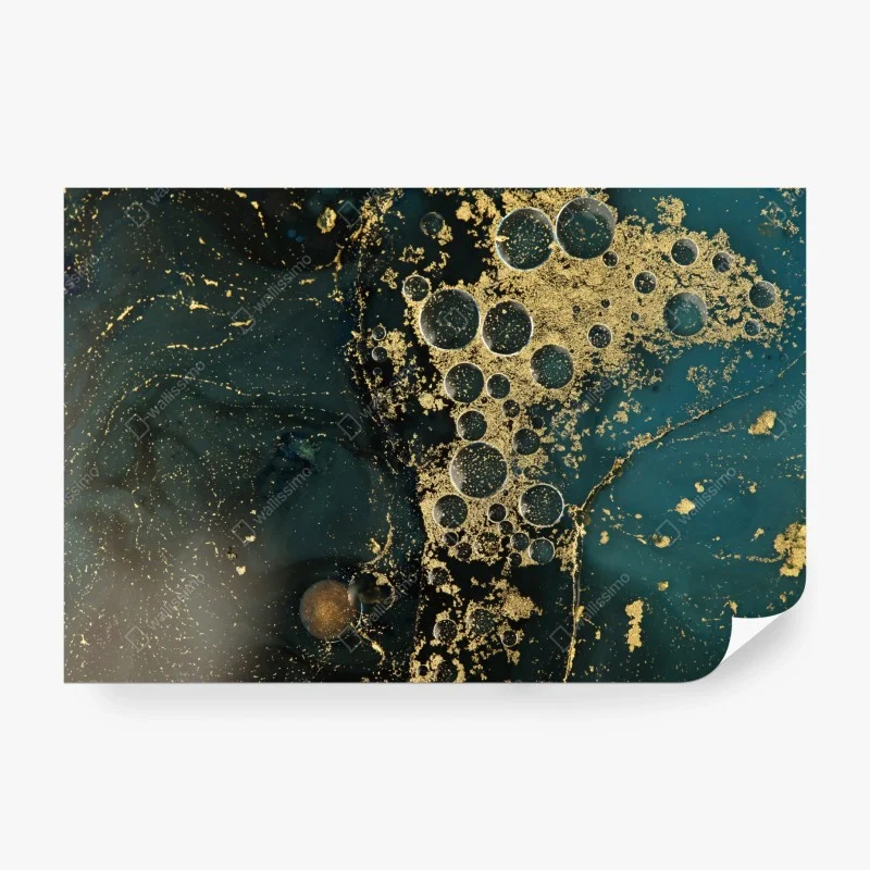 Carta da parati oro liquido su blu petrolio, texture astratta