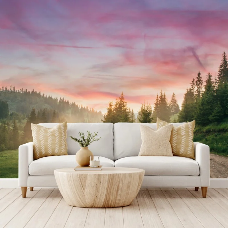 Carta da parati tramonto rosa nella foresta: sentiero tra le colline