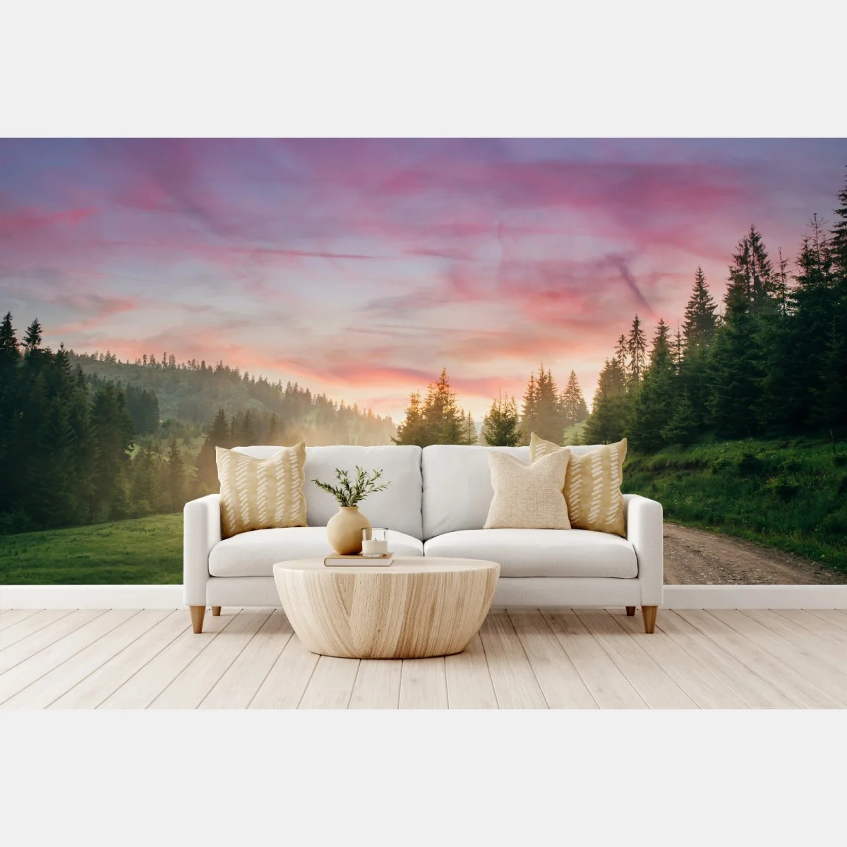 Carta da parati tramonto rosa nella foresta: sentiero tra le colline • Wallissimo® Carta da parati tramonto rosa nella foresta: sentiero tra le colline • Wallissimo®