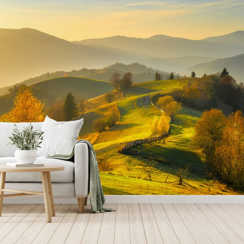 Carta da parati paesaggio autunnale sulle colline al tramonto