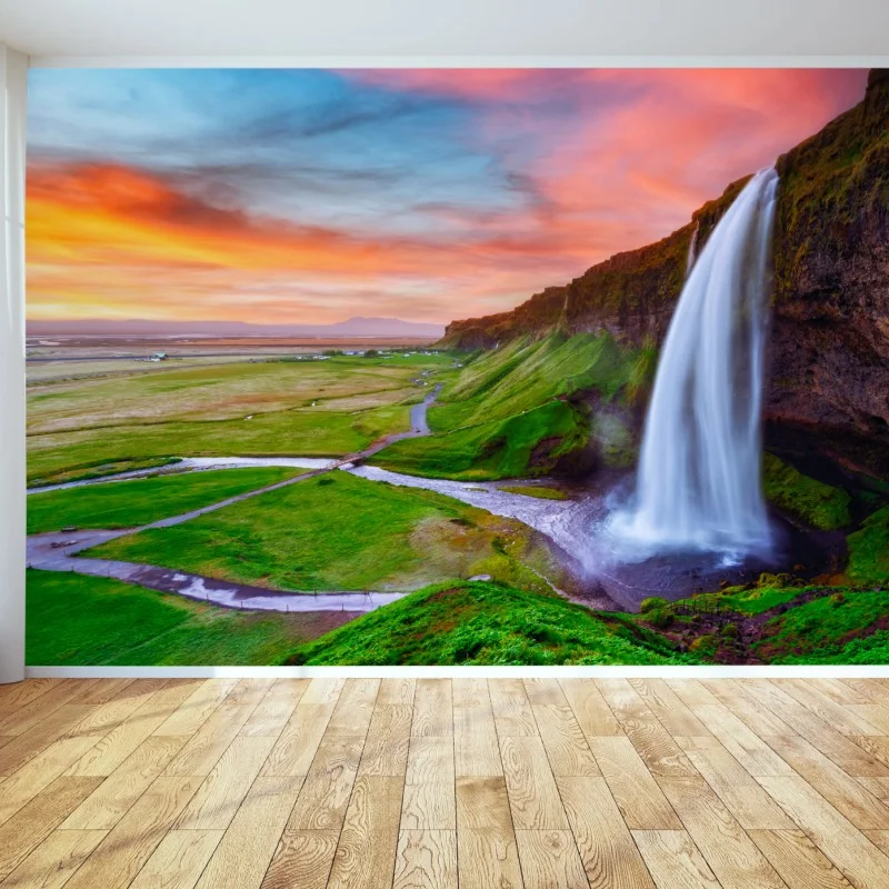 Carta da parati cascata al tramonto a Seljalandsfoss