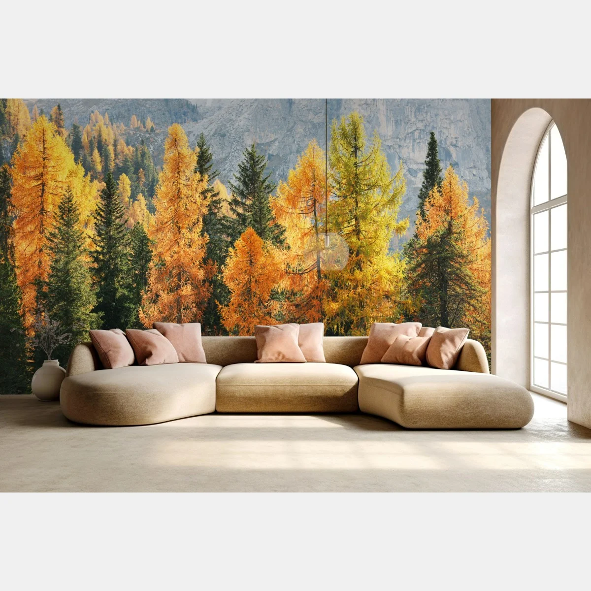 Carta da parati larici d'autunno in luce dorata • Wallissimo® Carta da parati larici d'autunno in luce dorata • Wallissimo®