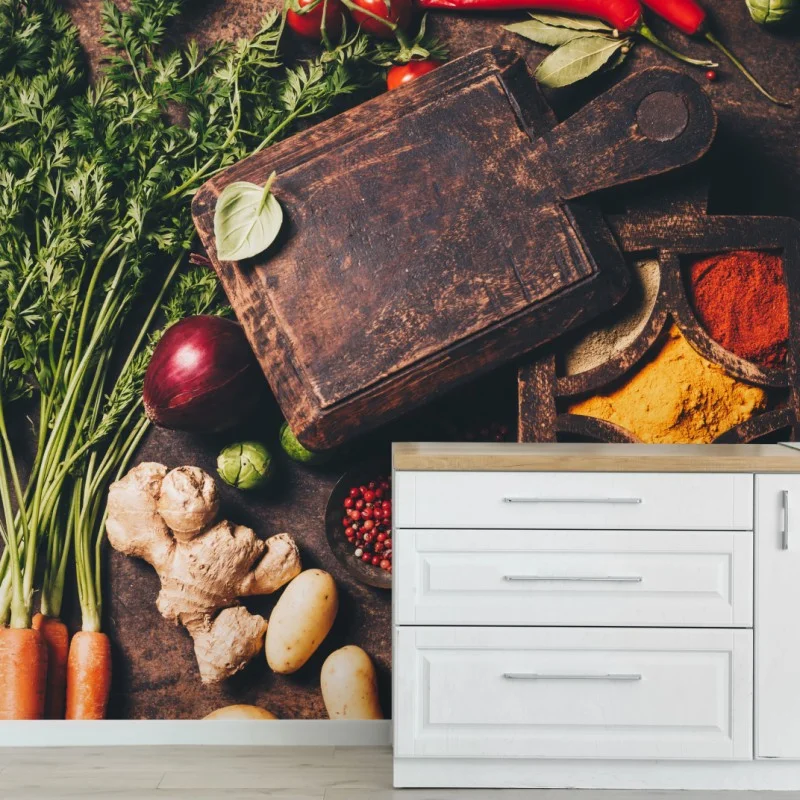 Carta da parati composizione rustica di spezie e verdure fresche