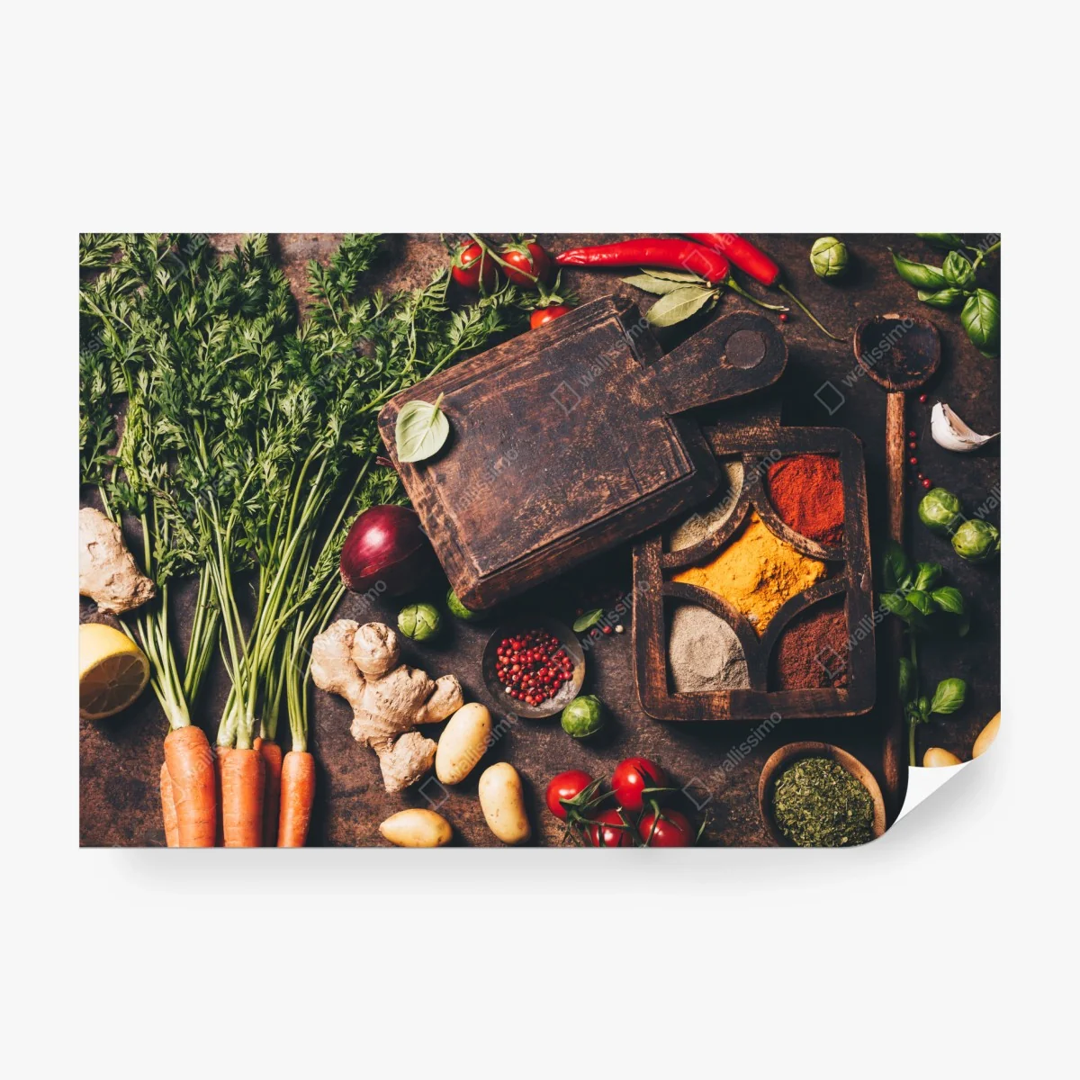 Carta da parati composizione rustica di spezie e verdure fresche • Wallissimo®