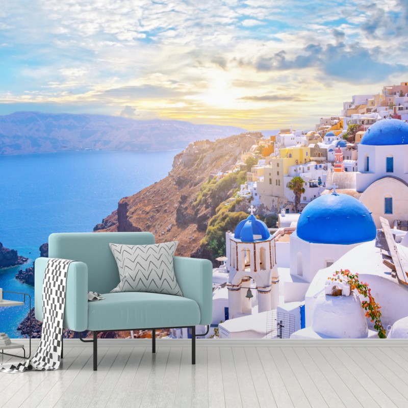 Carta da parati scorcio di Oia, Santorini con cupole blu