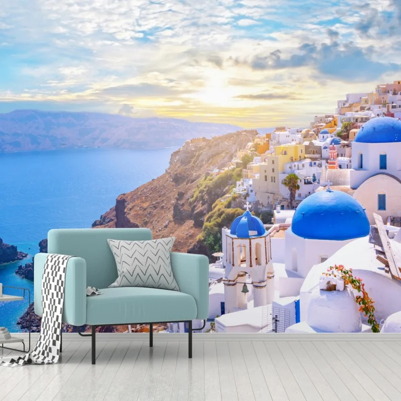 Carta da parati scorcio di Oia, Santorini con cupole blu