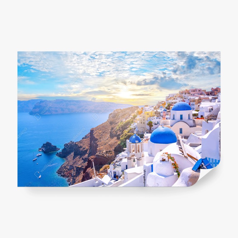 Carta da parati scorcio di Oia, Santorini con cupole blu