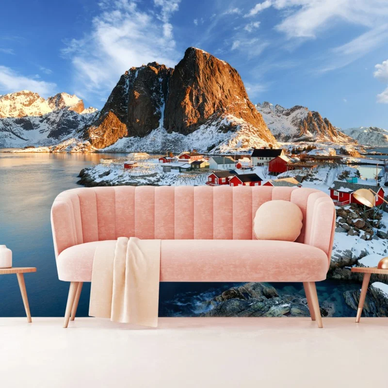 Carta da parati tramonto a Hamnøy, Lofoten: villaggio rosso sul mare