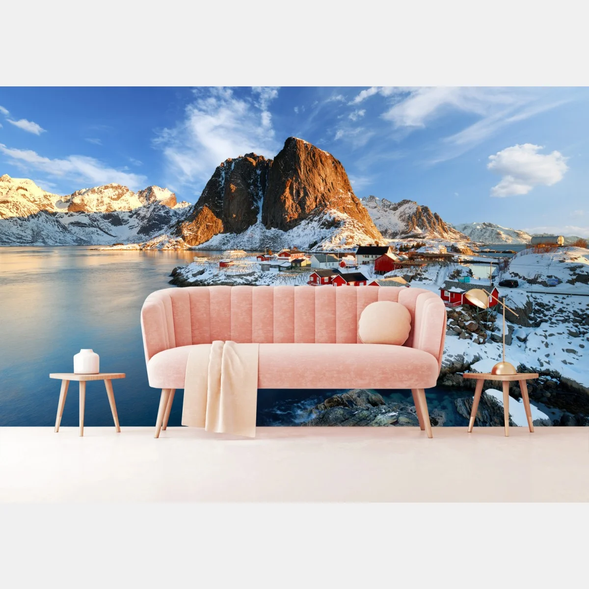 Carta da parati tramonto a Hamnøy, Lofoten: villaggio rosso sul mare • Wallissimo® Carta da parati tramonto a Hamnøy, Lofoten: villaggio rosso sul mare • Wallissimo®