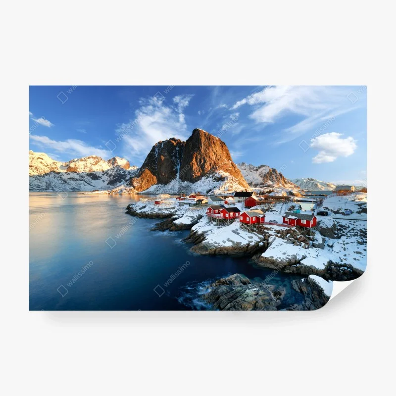 Carta da parati tramonto a Hamnøy, Lofoten: villaggio rosso sul mare
