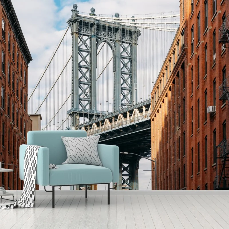 Carta da parati vista del ponte di Manhattan tra edifici in mattoni