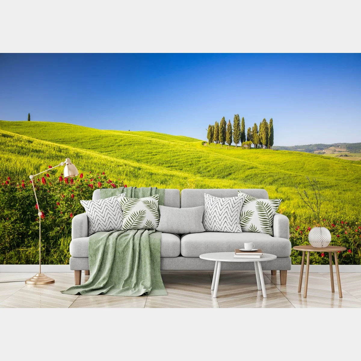 Carta da parati colline verdi con filare di cipressi • Wallissimo® Carta da parati colline verdi con filare di cipressi • Wallissimo®