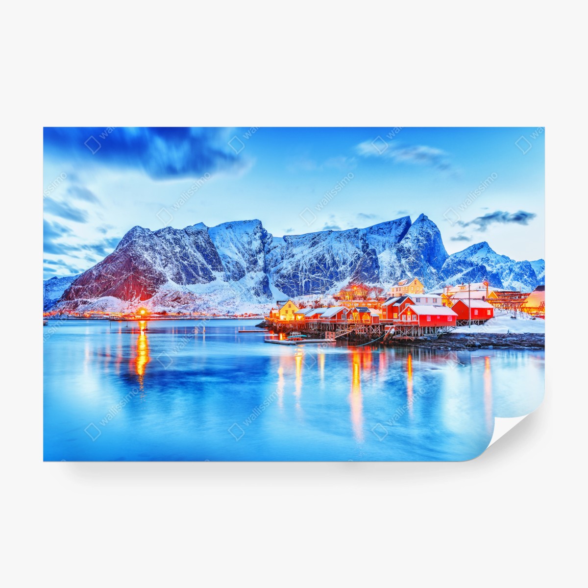 Carta da parati villaggio di case rosse sul fiordo innevato • Wallissimo®