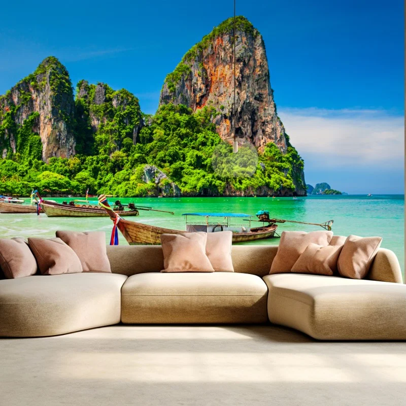 Carta da parati oasi tropicale in Thailandia con barche tradizionali