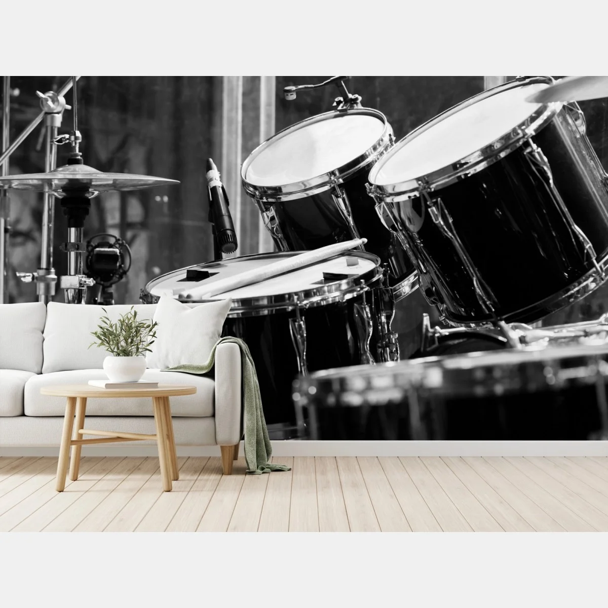 Carta da parati batteria in bianco e nero sul palco • Wallissimo® Carta da parati batteria in bianco e nero sul palco • Wallissimo®