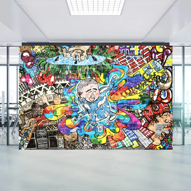 Carta da parati nascita psichedelica: bambino tra colori e città