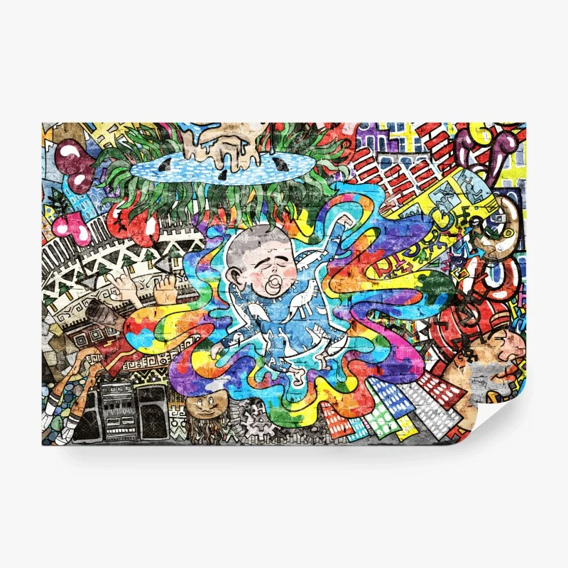 Carta da parati nascita psichedelica: bambino tra colori e città