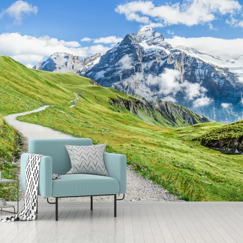 Carta da parati sentiero alpino verso vette innevate