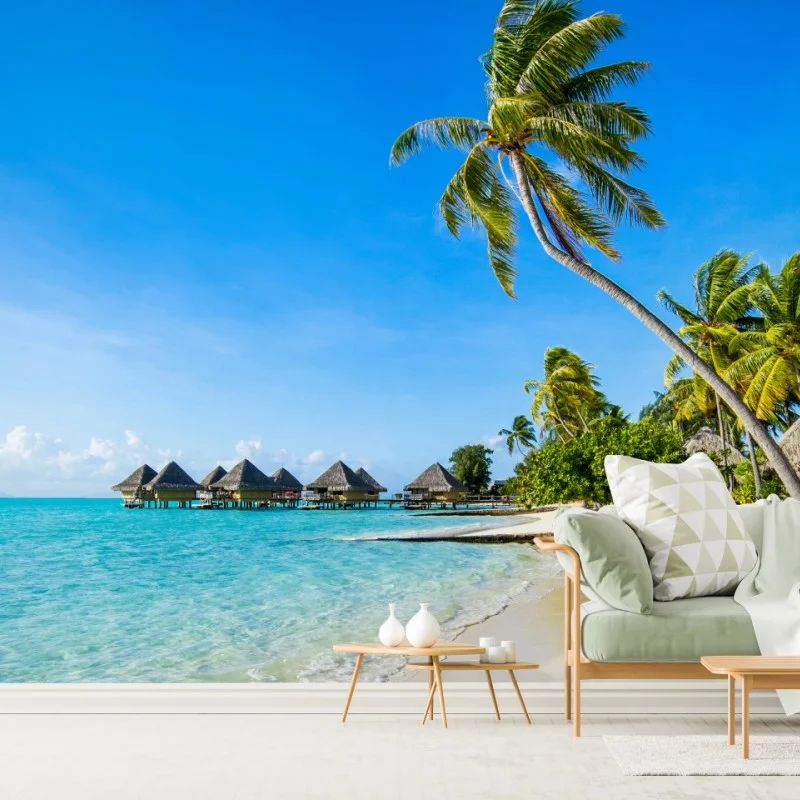 Carta da parati paradiso tropicale con palme e bungalow • Wallissimo®