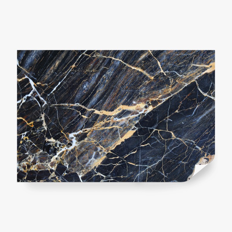 Carta da parati marmo blu scuro con venature dorate e crema