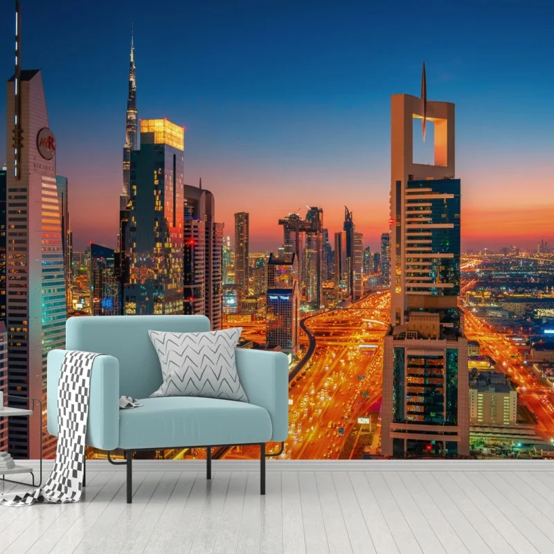 Carta da parati panorama urbano notturno di Dubai