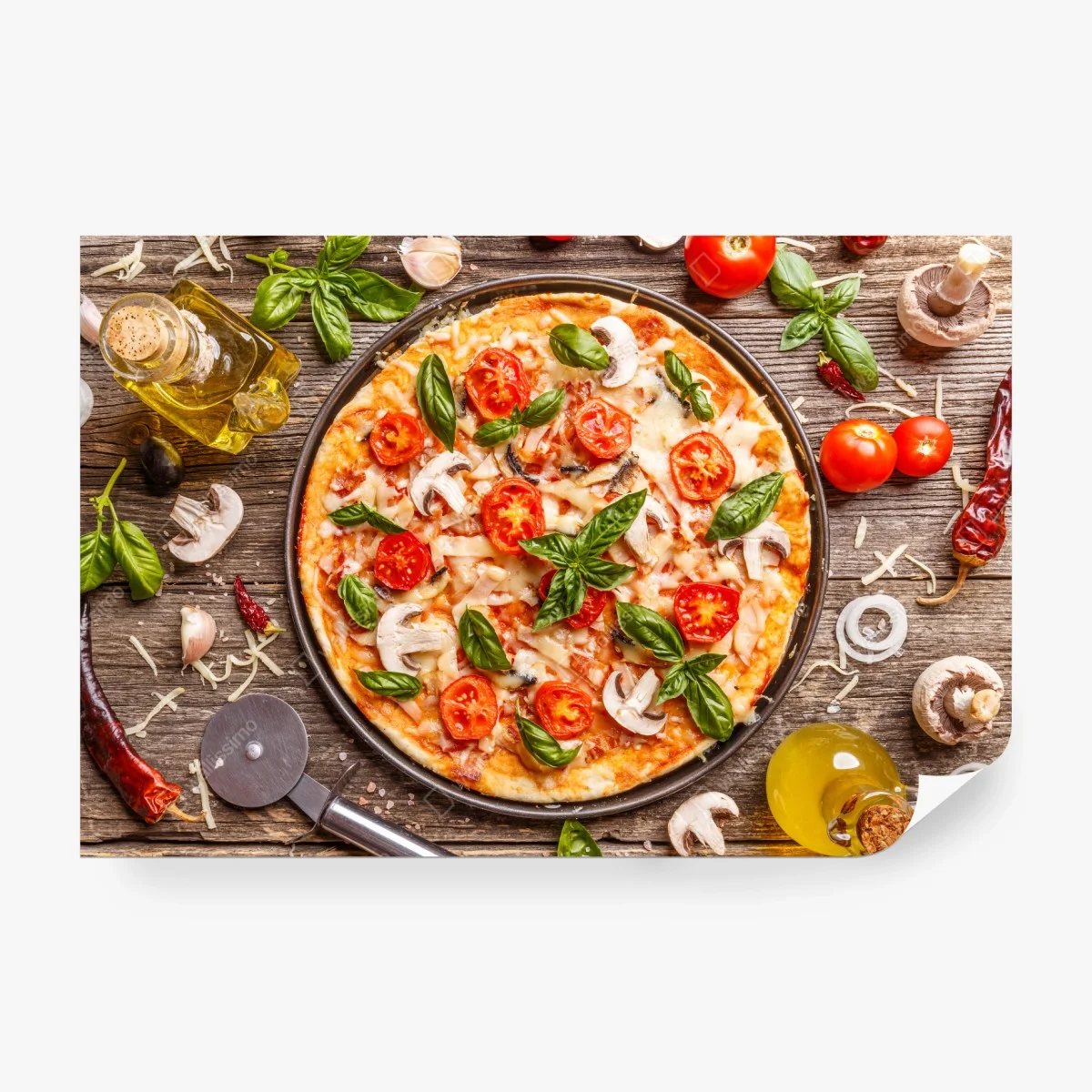 Carta da parati pizza rustica con basilico e pomodori • Wallissimo®