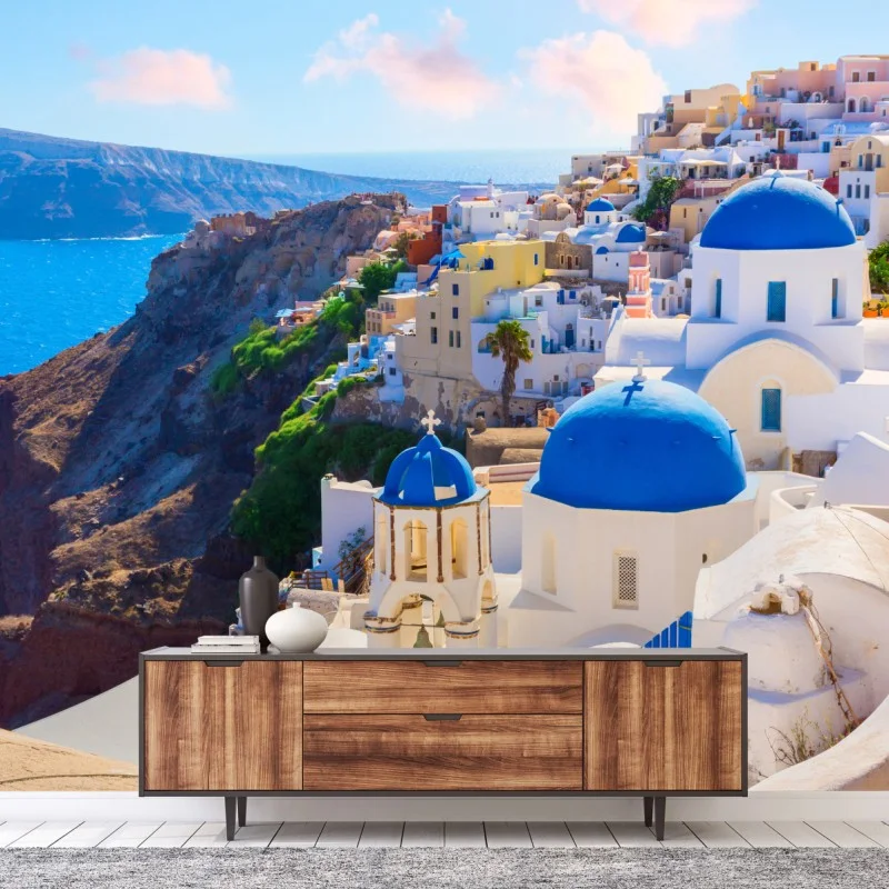 Carta da parati panoramica di Santorini con cupole blu