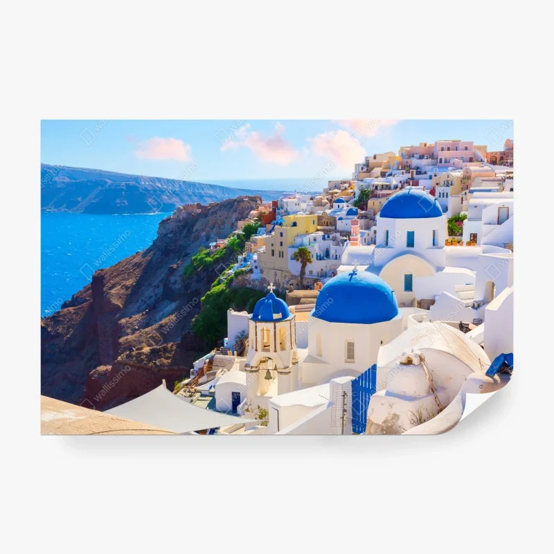 Carta da parati panoramica di Santorini con cupole blu
