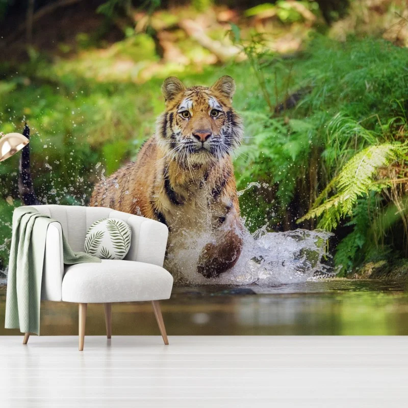 Carta da parati tigre maestosa che attraversa l'acqua nella foresta