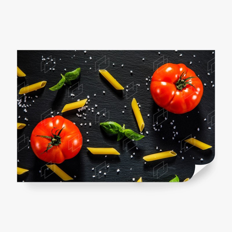 Carta da parati still life mediterraneo: pomodori, basilico e pasta su sfondo nero