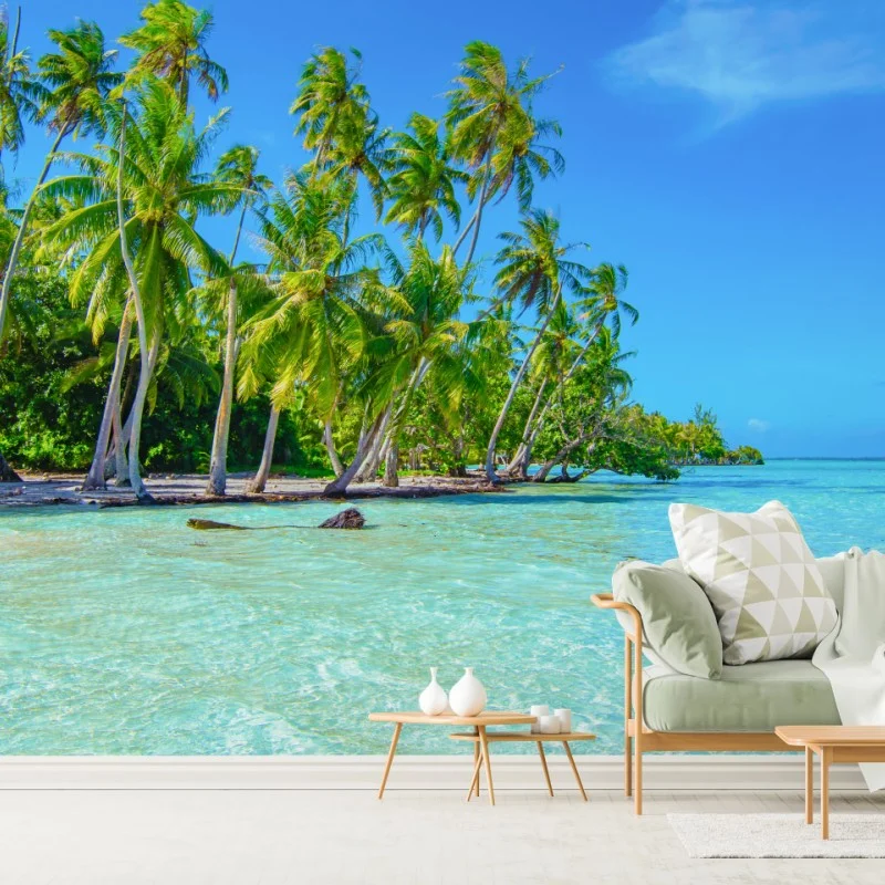 Carta da parati paesaggio tropicale con palme e mare turchese