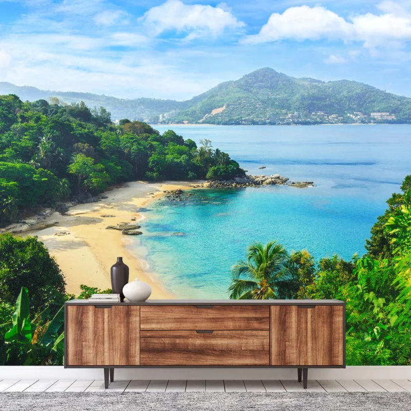 Carta da parati baia tropicale dai toni turchesi