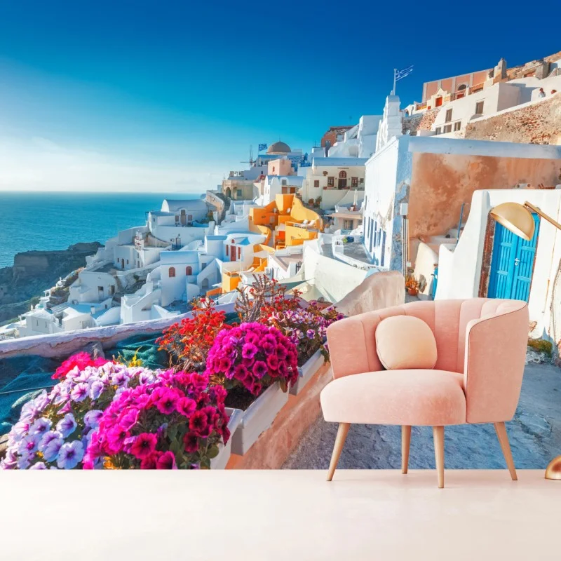 Carta da parati panorama di Santorini sulle scogliere