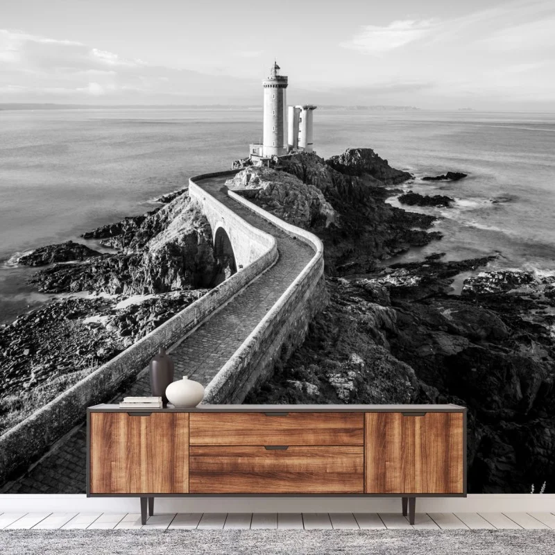 Carta da parati faro solitario sulla scogliera con passerella