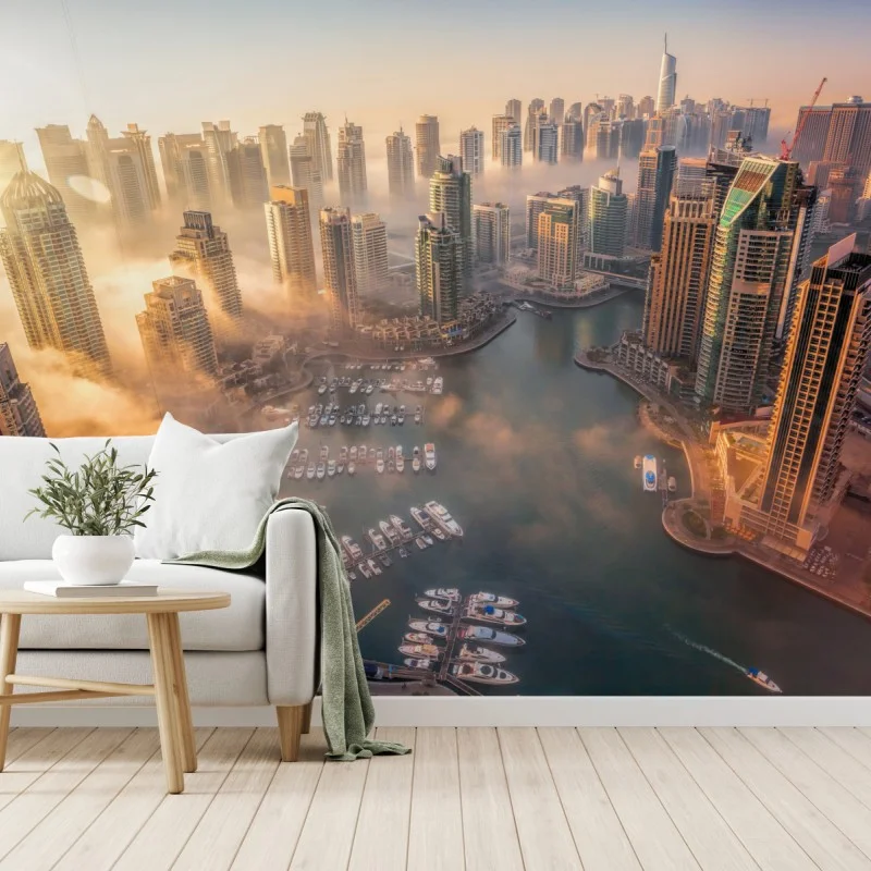 Carta da parati vista aerea della Dubai Marina al tramonto