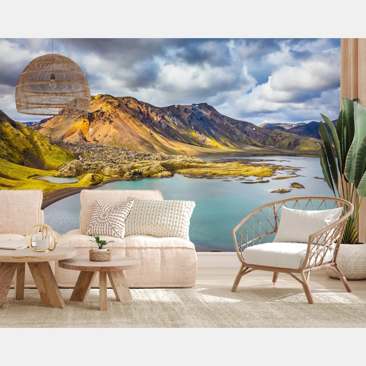 Carta da parati estate magica in Islanda: lago turchese e tundra • Wallissimo® Carta da parati estate magica in Islanda: lago turchese e tundra • Wallissimo®