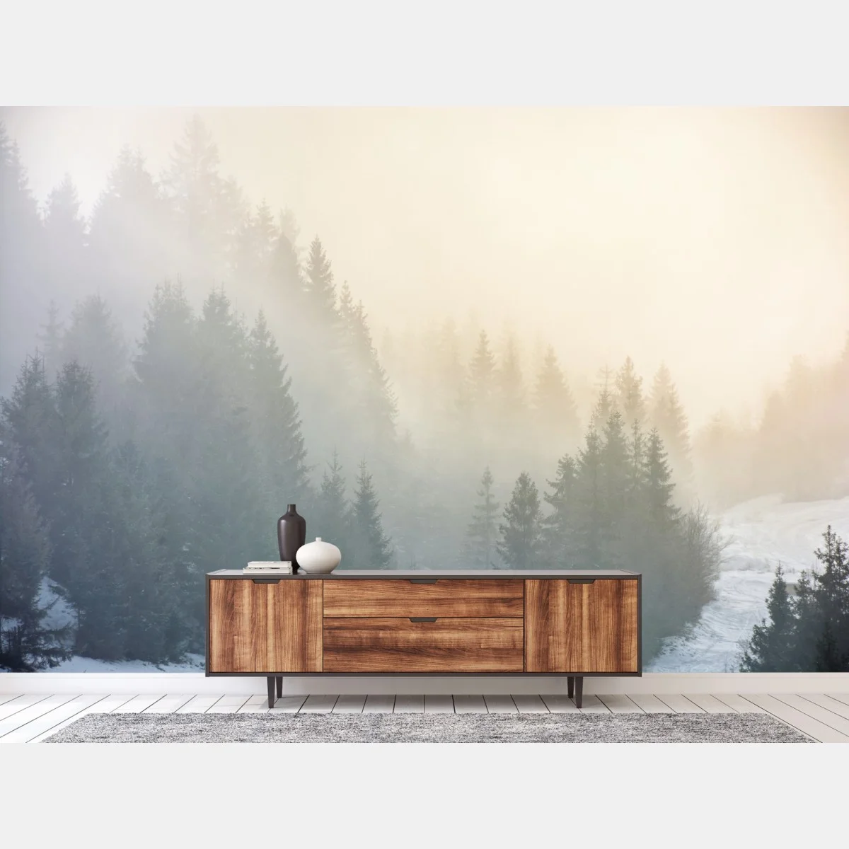 Carta da parati mattino nebbioso nella foresta di abeti • Wallissimo® Carta da parati mattino nebbioso nella foresta di abeti • Wallissimo®