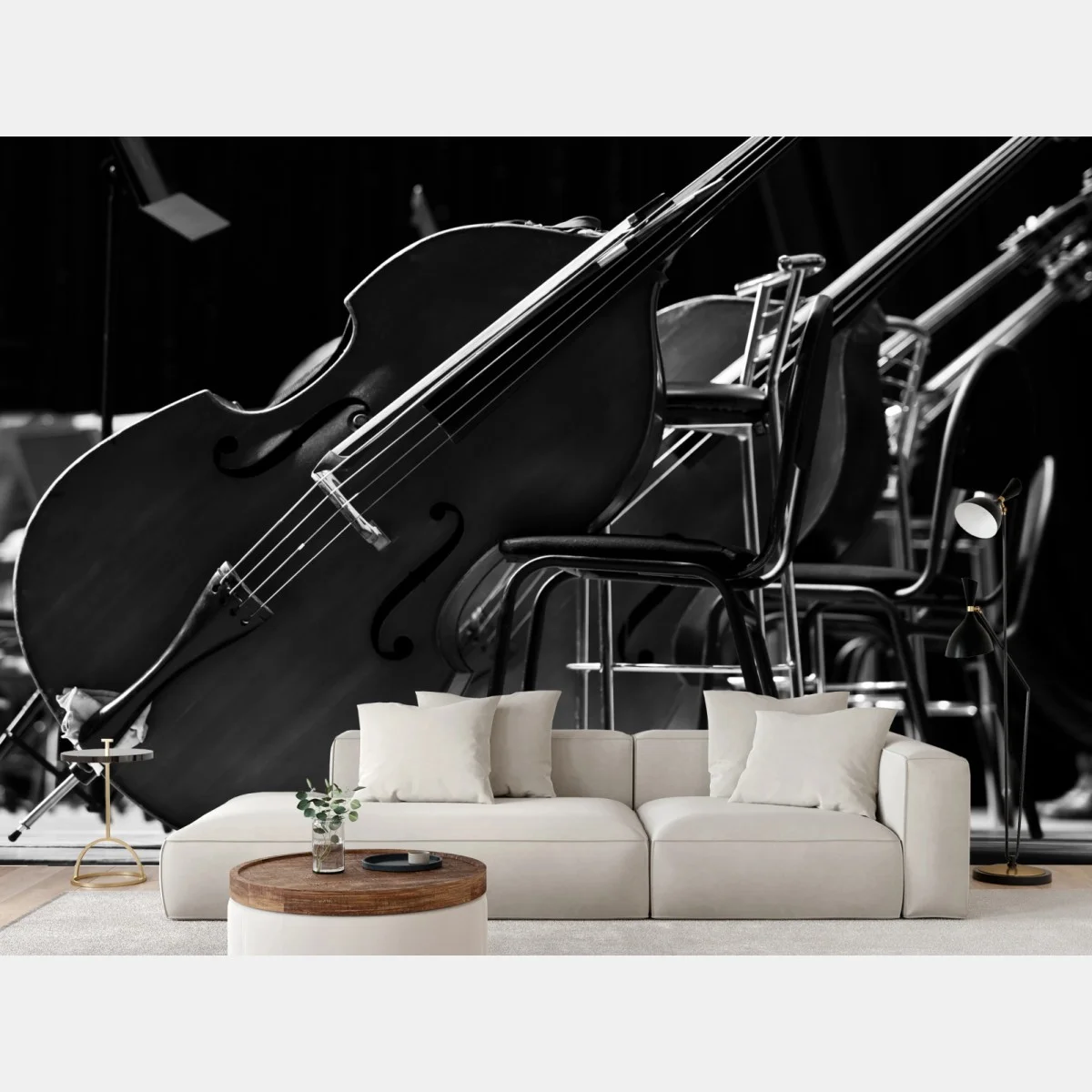 Carta da parati contrabbassi in scena: eleganza musicale in bianco e nero • Wallissimo® Carta da parati contrabbassi in scena: eleganza musicale in bianco e nero • Wallissimo®