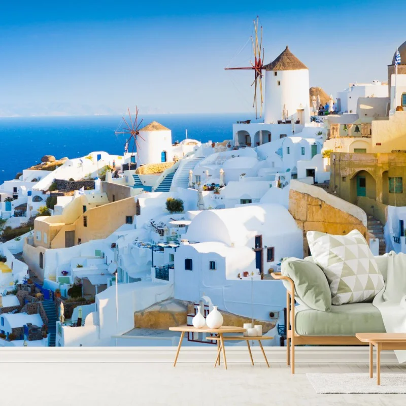 Carta da parati panorama di Santorini con mulini a vento
