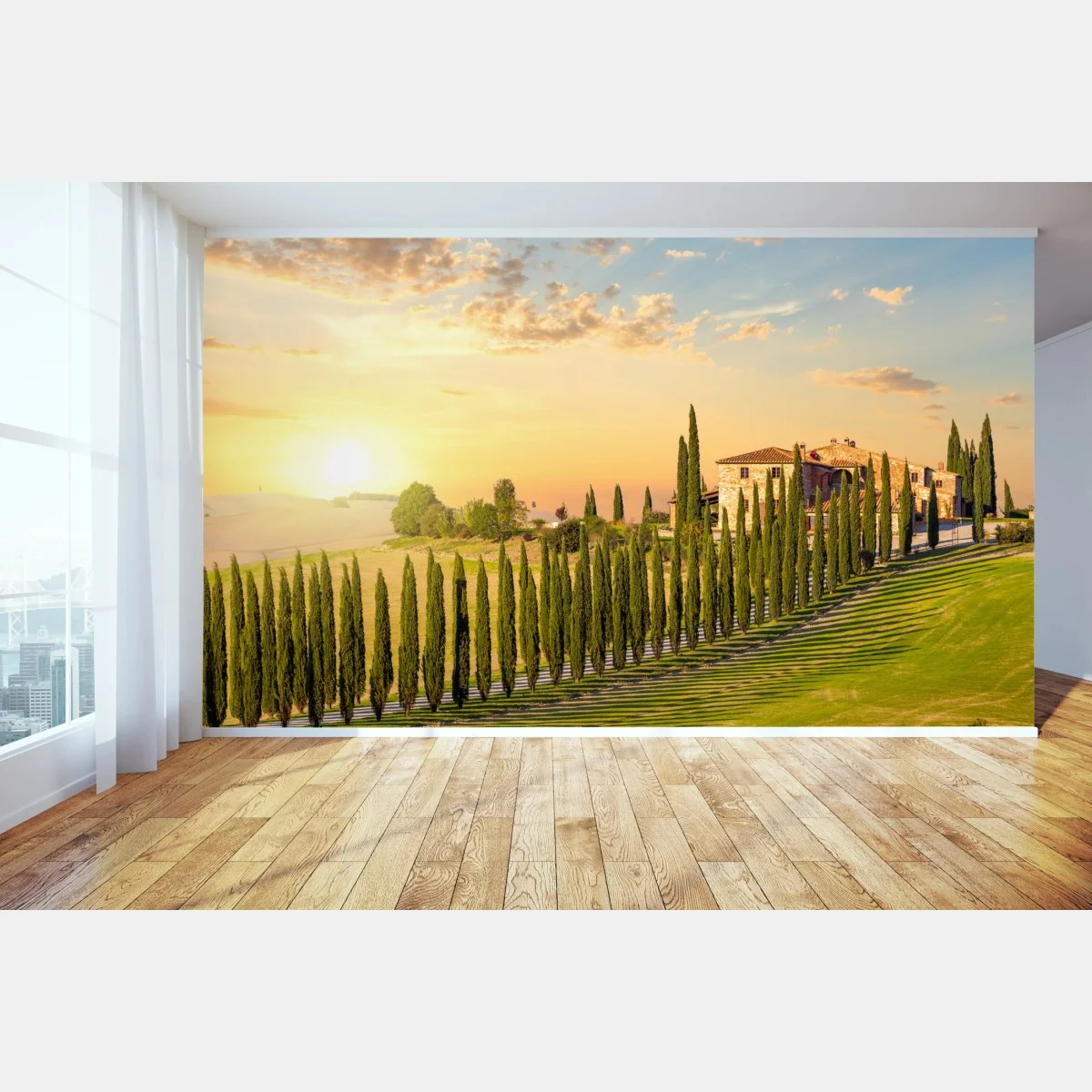 Carta da parati tramonto in Toscana: viale di cipressi e villa sulle colline • Wallissimo® Carta da parati tramonto in Toscana: viale di cipressi e villa sulle colline • Wallissimo®