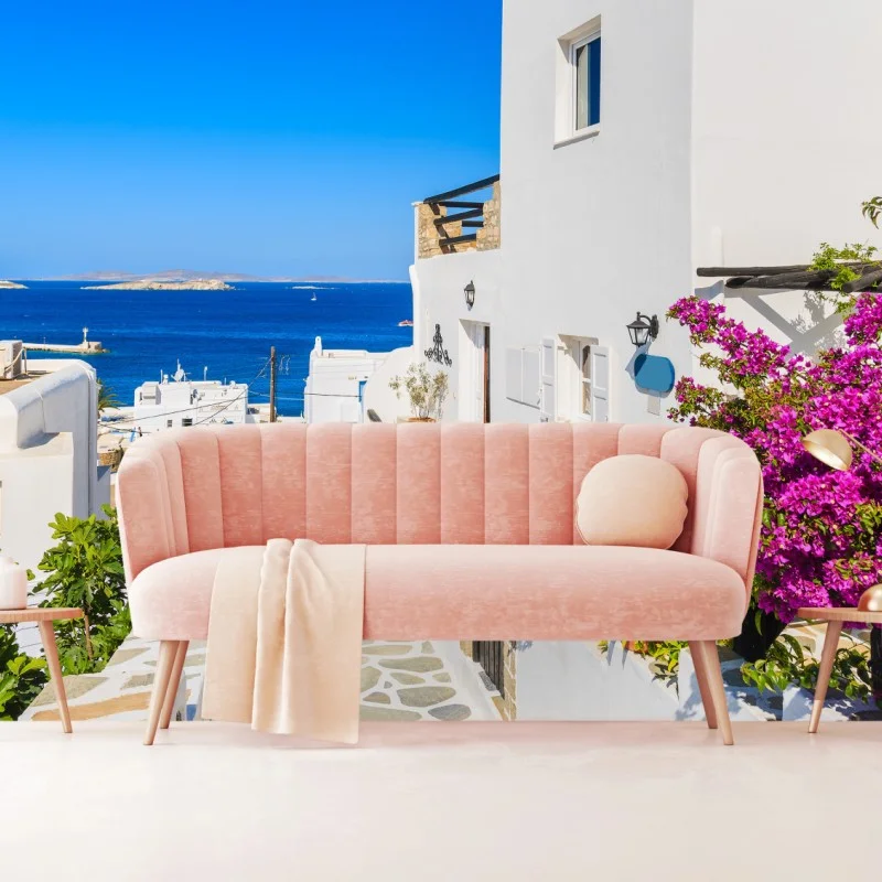 Carta da parati scorcio fiorito a Mykonos sul mare