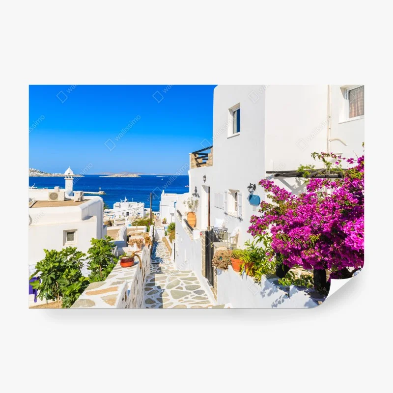 Carta da parati scorcio fiorito a Mykonos sul mare