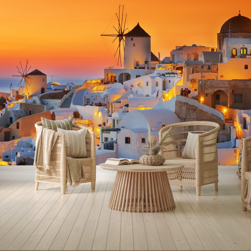 Carta da parati tramonto dorato a Oia, Santorini