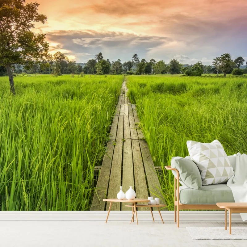 Carta da parati passerella centenaria nei campi di riso a Khonburi