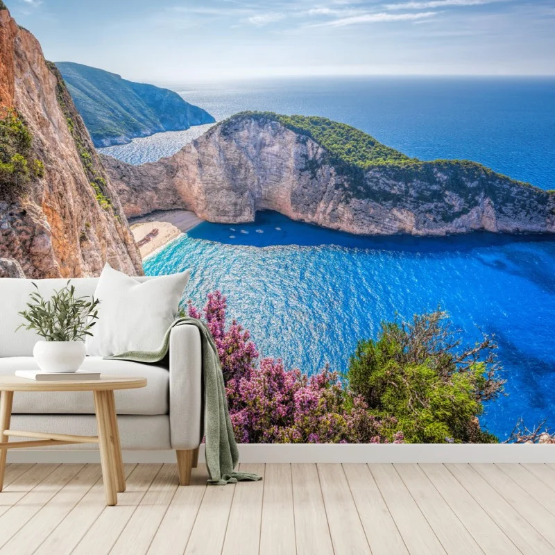 Carta da parati vista panoramica di Navagio, Zakynthos al tramonto • Wallissimo®