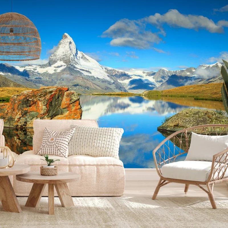 Carta da parati riflessi del Cervino sul lago alpino