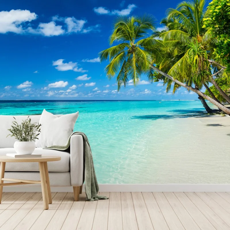 Carta da parati paradiso tropicale: spiaggia di palme e mare turchese • Wallissimo®
