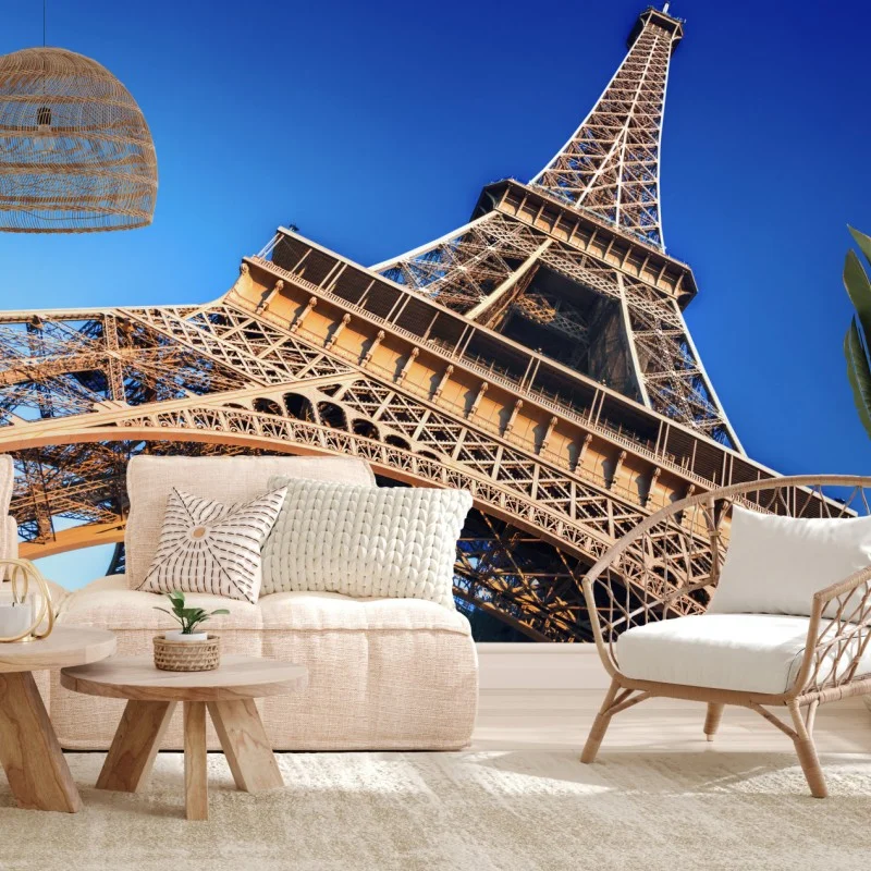 Carta da parati prospettiva imponente della Torre Eiffel sul cielo blu • Wallissimo® Carta da parati prospettiva imponente della Torre Eiffel sul cielo blu • Wallissimo®